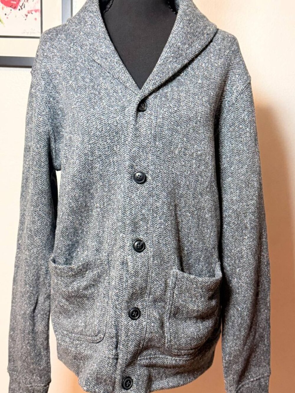 Old Navy Shawl Collar Cardigan — Fall Grey Herringbone, Preppy Ivy League Style